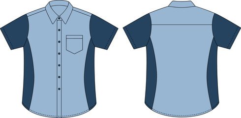 Two-tone button-up shirt technical sketch vector illustration set, front and back views, chest pocket, curved hem, yoke seam, fashion template
