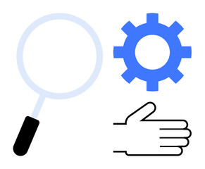 Magnifying glass, gear, and open hand visually illustrate observation, mechanism, and guidance. Ideal for teamwork, innovation, productivity, problem-solving workflow insights simple flat metaphor