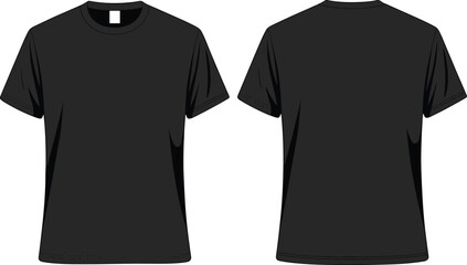 Black t-shirt vector illustration set, front and back views, short sleeves, crew neckline, visible neck tag, fashion apparel design template