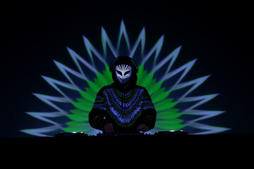 DJ wearing glowing mask performing with neon lights on dark stage