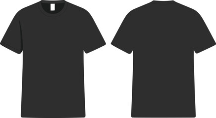 Black t-shirt vector illustration set, front and back views, short sleeves, crew neckline, plain garment, fashion design, apparel template