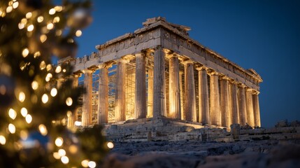 Obraz premium Parthenon, Greece, decorated with Christmas lights