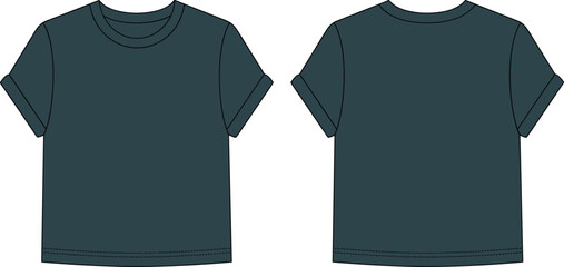 Dark t-shirt vector illustration set, front and back views, short sleeves, crew neckline, folded cuffs, minimal fashion design, apparel template