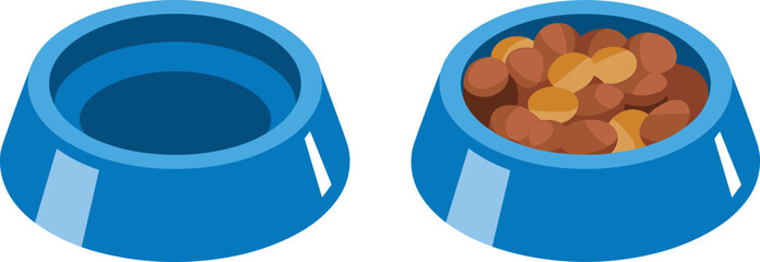 Pet food bowl vector illustration set, full and empty containers, blue dish design, dry kibble, feeding accessory, animal care template