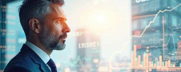 Executive looks at futuristic stock market graphs. Businessman plans business recovery after economic depression due to coronavirus pandemic. Innovating strategy and technology for financial success.