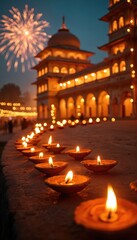 Row of traditional earthen lamps illuminate historic palace architecture during festive night celebration. Fireworks light up sky above grand building. Vibrant colours, joyful ambience reflect rich