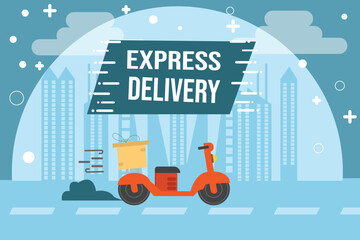 Express delivery scooter illustration in flat vector style.Red scooter with delivery box driving through modern cityscape background.Perfect for fast shipping,courier service,food delivery and more.