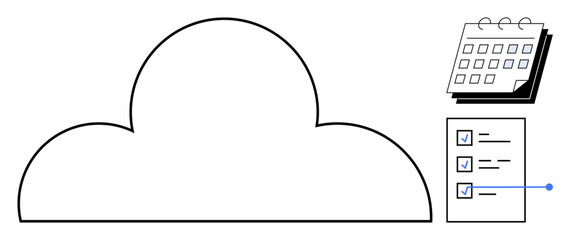 Cloud outline connected with a checklist and calendar, representing organization, task scheduling, and digital planning. Ideal for productivity, collaboration, technology, planning, cloud storage