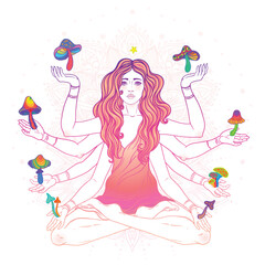Vector illustration of a multi-armed goddess sitting in lotus pose surrounded by mushrooms. Spiritual and psychedelic concept inspired by Lakshmi, symbolizing harmony, nature, and inner awakening.