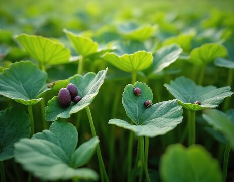 Close-up of Macrotyloma uniflorum plant with green leaves, purple seeds. Pulse, also called horse gram, kulthi bean, hurali, Madras gram. Plant used in traditional Ayurvedic cuisine, considered food