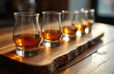 Whiskey tasting flight arranged in small glasses on wooden tray. Amber spirits showcase aroma, flavor exploration. Connoisseur sampling offers refreshment, relaxation. Distillery craftmanship evident