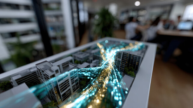 A detailed model showcasing the futuristic design of urban development, illuminated by digital lights, representing innovation and modern architecture in an office environment.