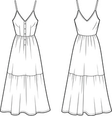 Tiered sleeveless dress fashion illustration vector set, spaghetti straps, V-neck button front, gathered skirt, garment construction sketch, clothing design