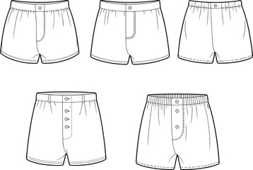 Men’s boxer shorts fashion illustration vector set, button fly and waistband variations, technical sketch, garment construction, underwear design template