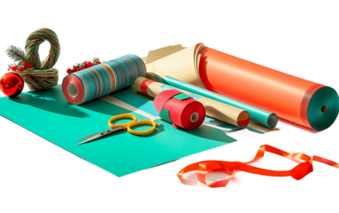 Holiday wrapping station with colorful paper scissors and ribbons creating festive Christmas gift packaging atmosphere isolated on transparent background PNG