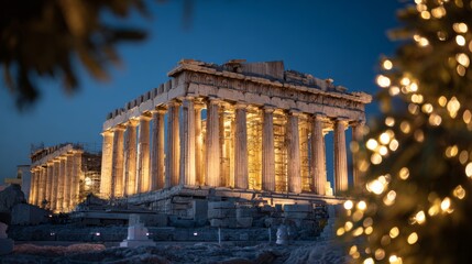 Obraz premium Parthenon, Greece, decorated with Christmas lights