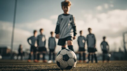 Young soccer player preparing to kick ball during practice with teammates in background on sunny field, symbolizing youth sports, teamwork, determination, and focus