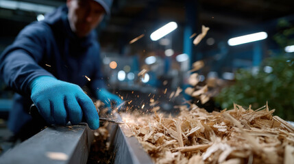 A worker skillfully processes wood shavings, with sparks flying, highlighting the high-energy environment of a woodworking factory and the intensity of manual labor involved.