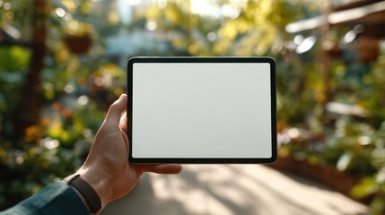Blank tablet held in hand with sunlit garden background. Ideal for app, website, or UI design previews in a natural, lifestyle context.