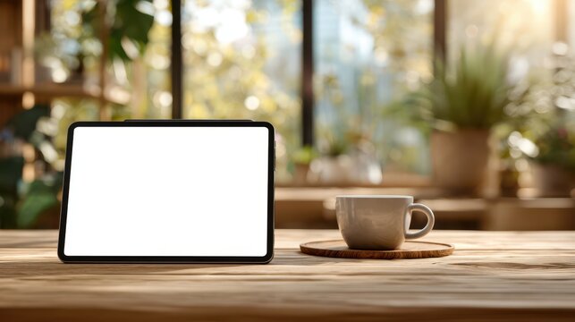 Blank tablet beside coffee cup on rustic wooden table in cozy, plant-filled space. Great for branding, apps, or digital content in lifestyle settings. - Powered by Adobe