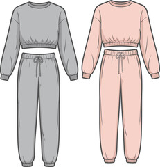 Cropped sweatshirt and sweatpants fashion illustration vector set, drawstring waist, elastic cuffs, gray and pink outfits, casual loungewear design