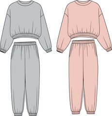 Sweatshirt and sweatpants fashion illustration vector set, casual wear, elastic cuffs, crew neck, gray and pink outfits, garment template