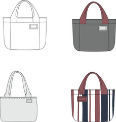 Handbag fashion illustration vector set, stripe pattern, solid color, line sketch, maroon handle, design variations, garment accessory template