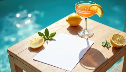 Elegant cocktail menu mockup on poolside wooden table. Sunny midday light, clear blue water, citrus drink with lemon slice. Tranquil, relaxing summer vacation ambience. Beverage, restaurant design