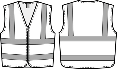 Reflective safety vest front and back technical fashion flat sketch, high visibility workwear apparel design vector illustration for industrial and construction use