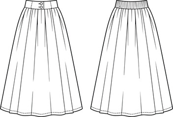 Elegant pleated long skirt front and back technical fashion flat sketch, high-waisted women’s clothing design vector illustration for apparel pattern template use