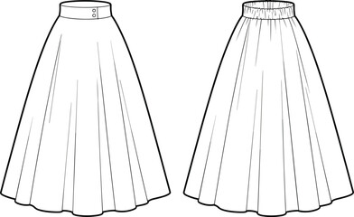 Flared skirt technical fashion illustration vector, button waistband, elastic waistband, panel construction, garment design, black and white line art