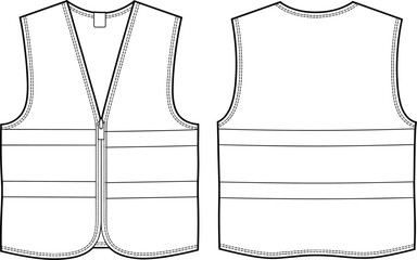 High visibility safety vest flat technical fashion sketch, front and back reflective vest vector illustration for apparel design and garment template use
