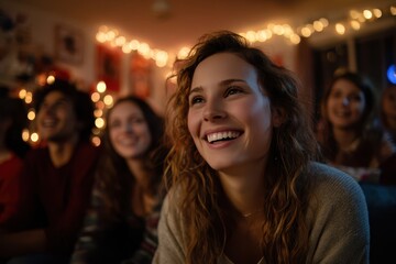 Smiling young woman enjoying movie night with friends in cozy decorated living room illuminated by warm fairy lights, capturing happiness, friendship, and relaxed home entertainment vibe
