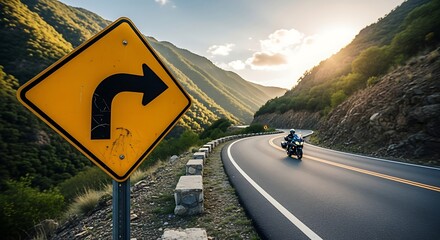 Yellow road curve sign beside winding mountain road with motorcycle in distance, careful riding concept, natural daylight, realistic transportation safety photo.