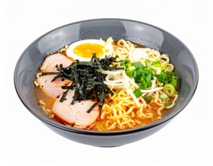 Ramen Bowl Isolated on White Background — Japanese Noodle Soup with Egg and Toppings