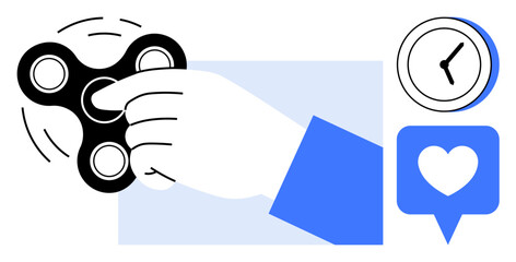 Hand spinning fidget spinner, clock for time management, heart icon for mindfulness. Ideal for stress relief, focus, time management, productivity, wellness, mental health simple flat metaphor