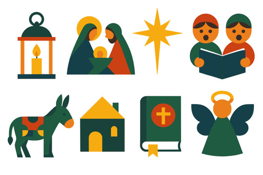 Geometric Las Posadas Icons. Classic Las Posadas set of icons in geometric flat vector. Candle lantern, nativity silhouette, star of Bethlehem, singing children, decorated donkey