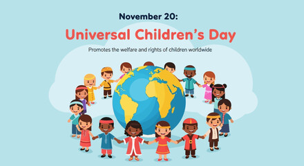 Celebrate Universal Children's Day November 20th with diverse, happy children holding hands around the world, promoting welfare and rights globally for a brighter future