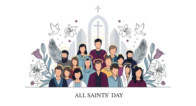 Honor all the saints with this elegant illustration perfect for All Saints' Day celebrations, religious events, and spiritual reflections in church bulletins and faith based media