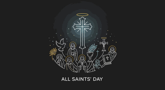 Celebrate All Saints' Day with this beautiful graphic of holy figures, a cross, bible, and chalice, perfect for your church or religious organization's marketing and social media campaigns
