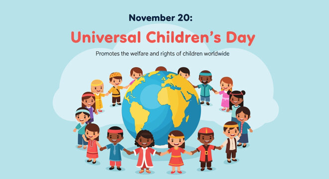 Celebrate Universal Children's Day November 20th with diverse, happy children holding hands around the world, promoting welfare and rights globally for a brighter future