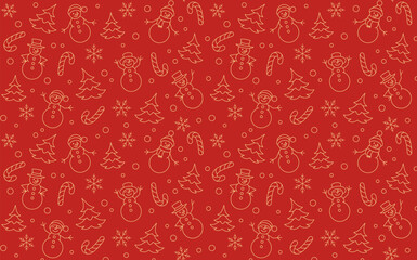 
Christmas background with snowmen, trees, and snowflakes. Seamless linear pattern on red background for New Year and Christmas. Template for festive packaging, textiles, wrapping paper. Vector

