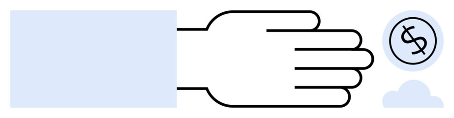 Hand reaching toward a coin with a dollar sign, representing payment, donation, or currency transfer. Ideal for finance, economy, savings, lending charity investment and banking themes. Simple