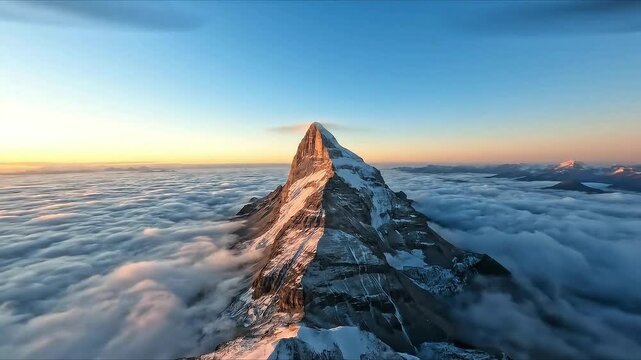 Majestic mountain peak rises above a sea of clouds at sunrise offering a breathtaking alpine vista