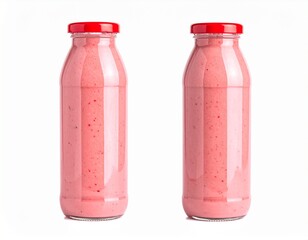 Strawberry Smoothie Isolated on White Background — Refreshing Summer Drink in Glass Bottle