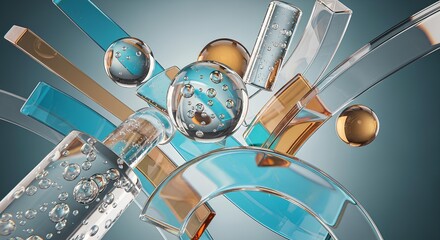 Abstract 3D Transparent Glass Shapes – Spheres, Cylinders & Arcs in Cyan‑Amber Composition