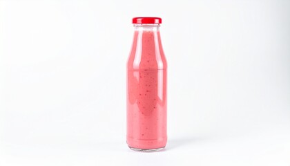 Strawberry Smoothie Isolated on White Background — Refreshing Summer Drink in Glass Bottle