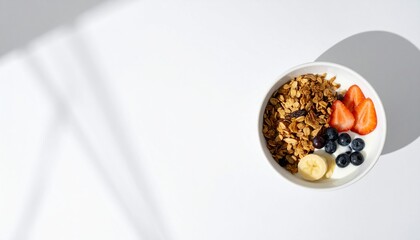 Top view of granola, yogurt, and fruits served on a white background with bright natural light. Minimal and clean composition perfect for nutrition, healthy lifestyle, and wellness concepts.