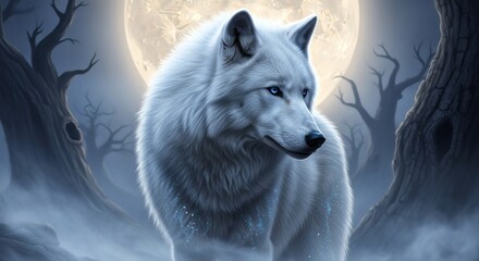 Mystical White Wolf with Blue Eyes Under a Bright Full Moon in Dark Enchanted Forest