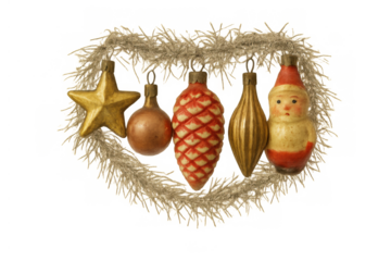 Five old glass christmas tree ornaments including santa claus, star, and pinecone shapes, framed by a sparkling tinsel heart